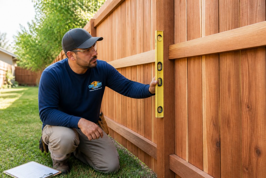 Fence contractor using a level to check the alignment of a new cedar privacy fence post