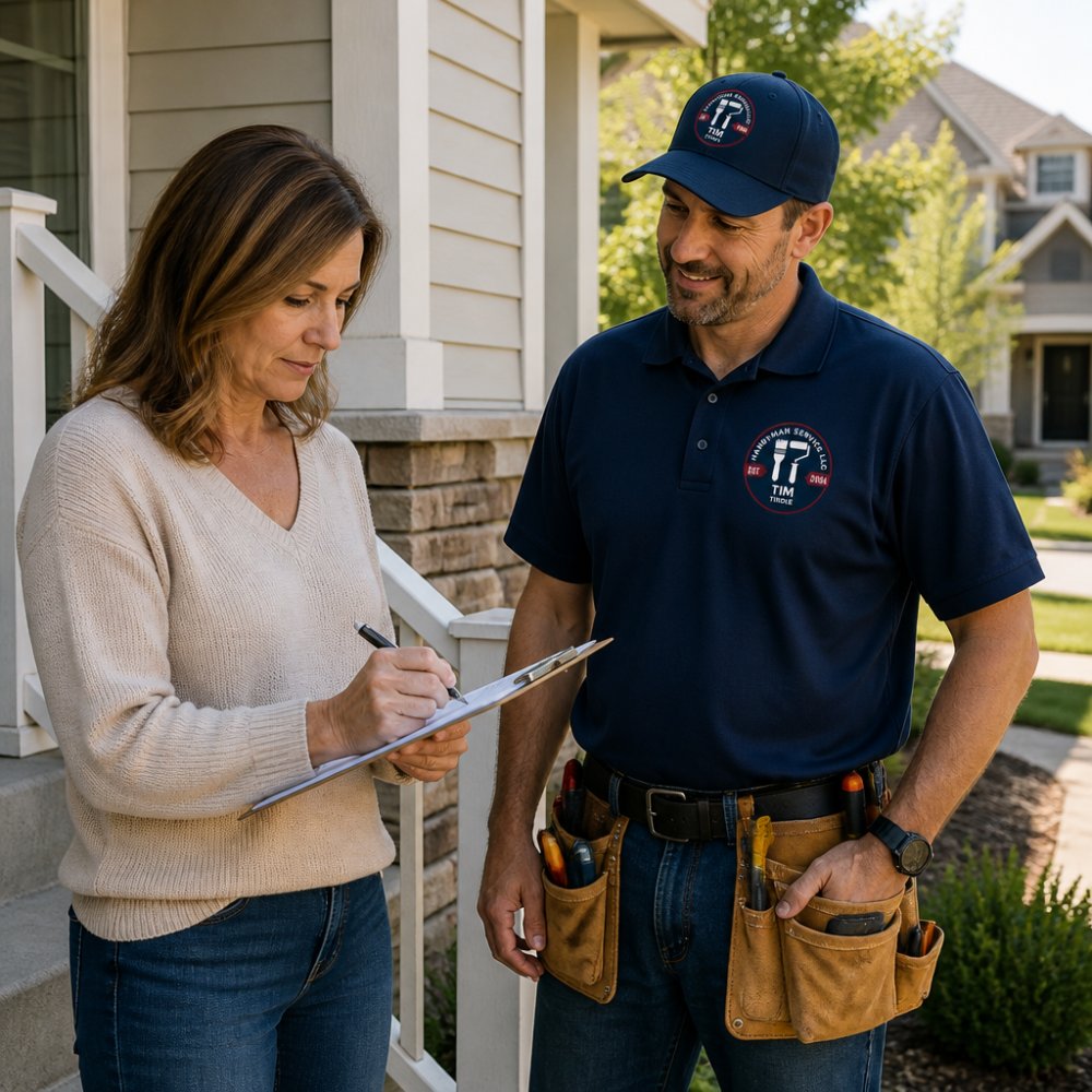 A homeowner standing on a front porch reviewing a clipboard checklist while a handyman in a work shirt and tool belt waits nearby, suburban house exterior in soft daylight