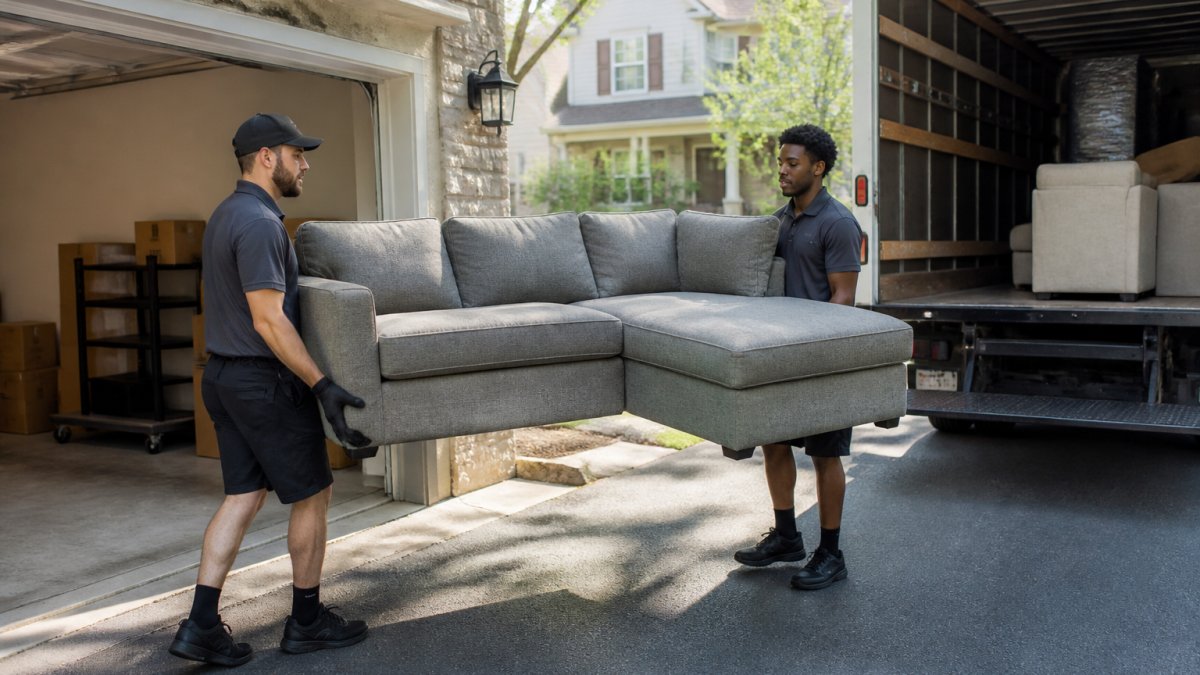 A two-person crew in work gloves and branded shirts carrying a sectional sofa out of a suburban garage toward a box truck parked in the driveway, morning light, open garage door showing stacked boxes behind them