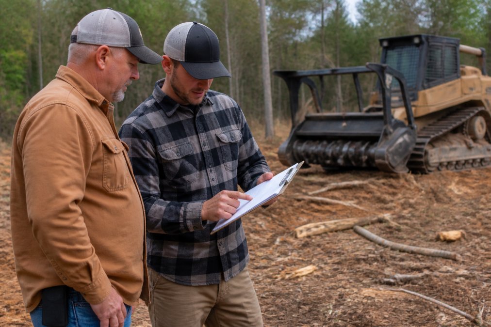 A landowner and a land clearing contractor in work clothes standing on a rural property, reviewing a printed checklist on a clipboard, with a forestry mulcher parked in the background and cleared brush nearby