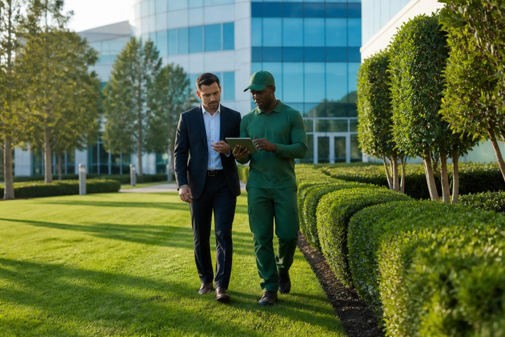 A commercial property manager in business attire walking alongside a crew member, both reviewing a tablet, with manicured lawns and trimmed shrubs extending toward a modern glass office building under clear morning light