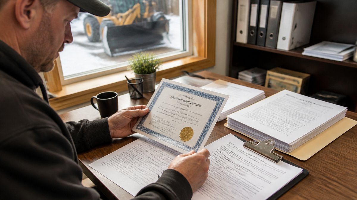 Homeowner reviewing contractor credentials and insurance documents on a desk with clipboard, license certificate visible, natural office lighting