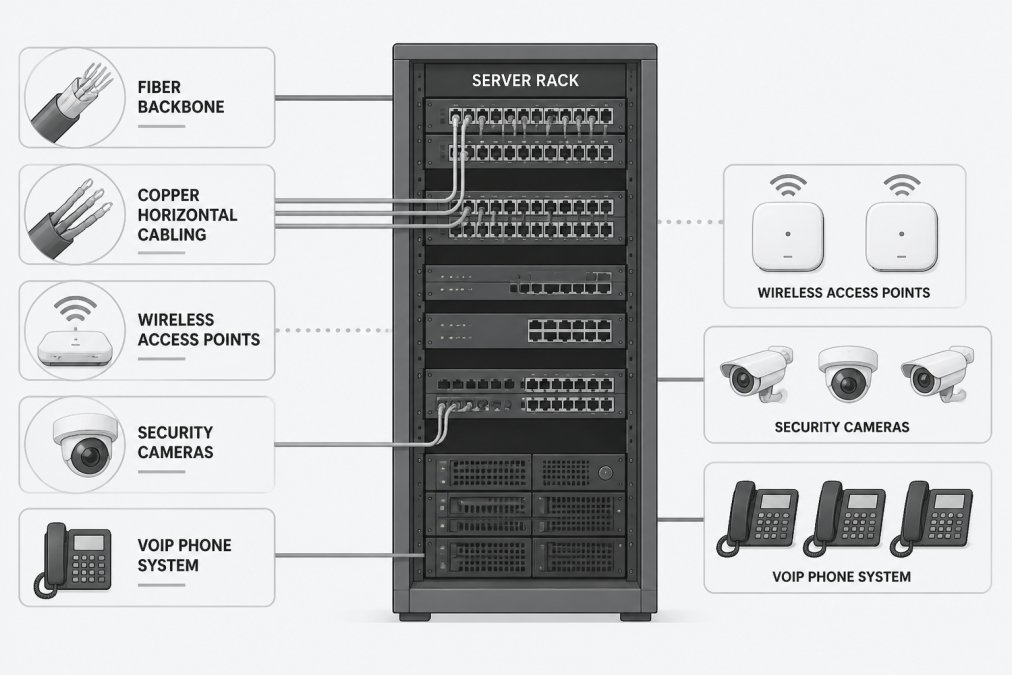 Infographic detailing the service scope of Oregon network contractors, showing fiber, copper, and VoIP systems.