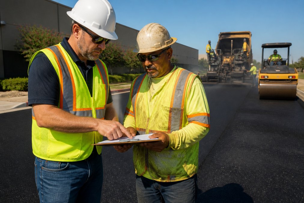 A general contractor and a paving crew supervisor reviewing documents on a clipboard at a commercial job site under bright afternoon sun, with an asphalt paver and roller visible on the freshly laid surface behind them