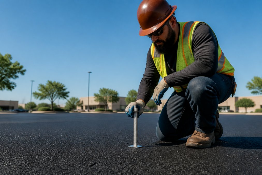 A paving crew member in a high-visibility vest kneeling on a freshly laid commercial parking lot surface, using a depth gauge to measure asphalt compaction thickness in bright midday sunlight
