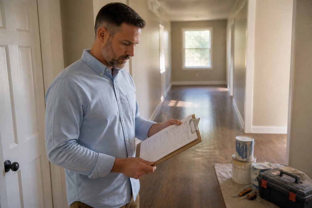 A property manager in a button-down shirt reviewing a printed maintenance schedule on a clipboard while standing in the hallway of a vacant rental unit, paint cans and a toolbox visible on the floor behind him, afternoon light through a window
