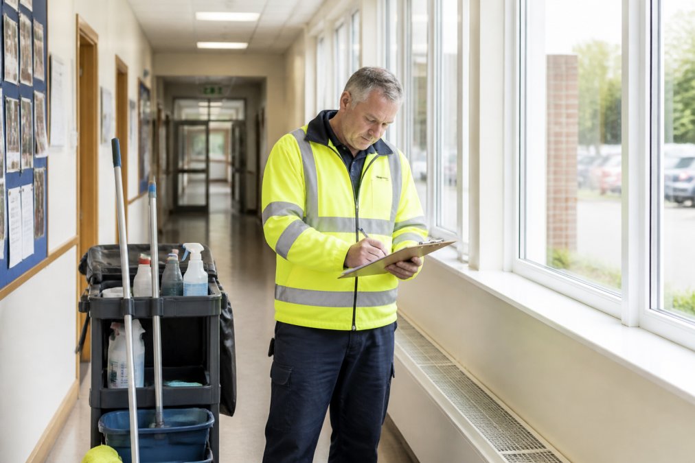 A school caretaker in a high-vis jacket checking a clipboard while standing in a school corridor, with a cleaning trolley nearby and natural light coming through windows