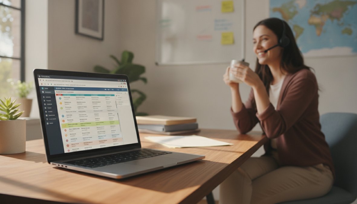 A remote worker wearing a headset sitting at a clean home office desk with a laptop displaying a color-coded scheduling dashboard, warm natural light coming through a window behind them