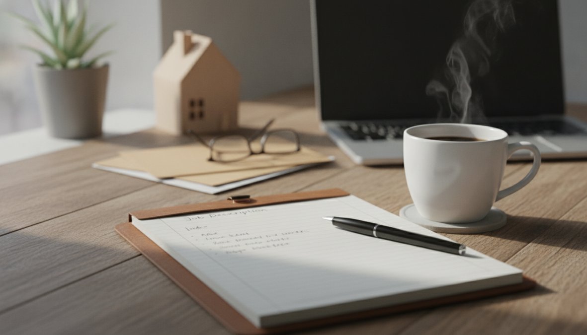 Professional woman working from a home office setup, wearing a headset and reviewing a scheduling dashboard on a dual-monitor computer, with a notepad and coffee nearby, warm natural light from a nearby window