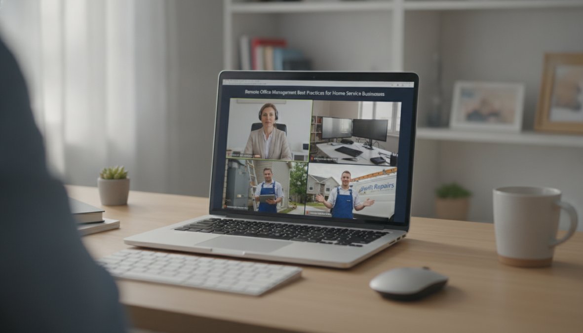 Laptop screen showing a video call in progress with a home services operations coordinator visible on screen and two field technicians in work uniforms joining from a job site, natural lighting in a home office setting
