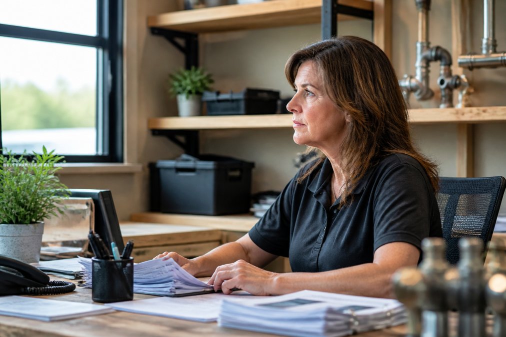 Business owner or office manager reviewing dispatch software on a computer monitor with focused professional expression, modern home services office setup with natural lighting