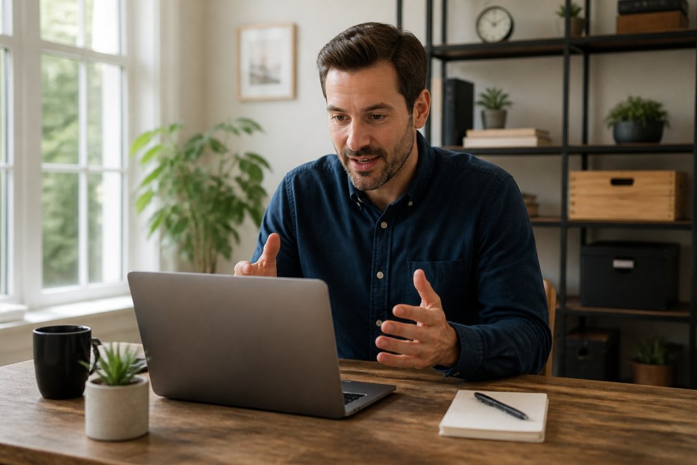 Plumbing business owner or manager conducting video interview on laptop with professional attire, home office or office background with natural lighting