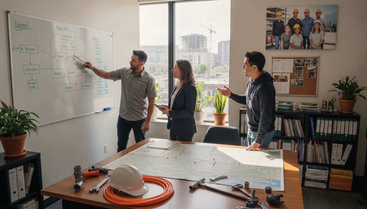 Plumbing business owner reviewing performance dashboard on laptop showing remote team metrics: dispatcher call response time, estimator accuracy rate, customer service satisfaction scores