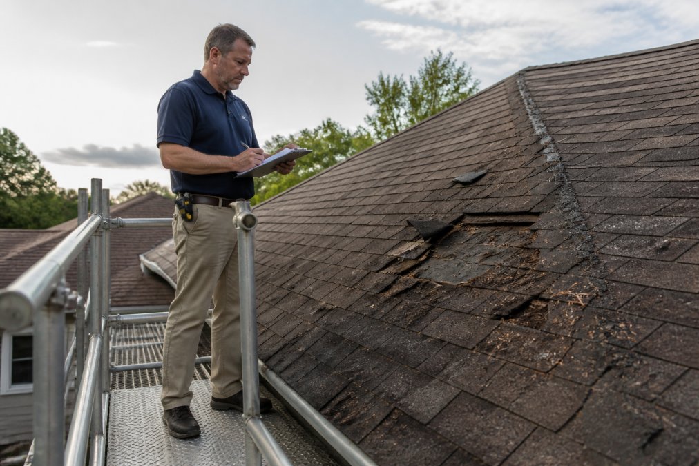 Insurance adjuster in professional attire inspecting roof damage with clipboard and measuring tools, standing on elevated platform examining shingles and damage patterns