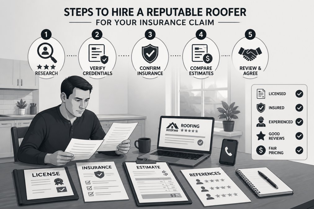 Homeowner reviewing roofing contractor credentials and insurance documents at kitchen table with laptop, phone, and paperwork spread out under natural lighting