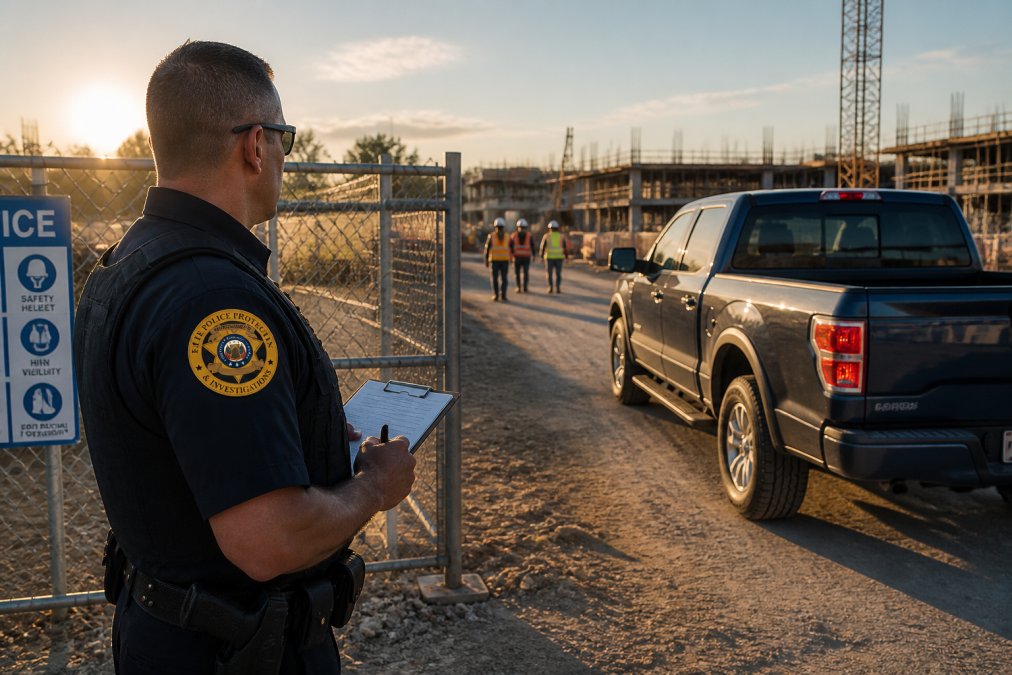 A uniformed security officer with a law enforcement background standing at the entrance of an active construction site, clipboard in hand, monitoring workers and vehicles entering through a secured gate in late afternoon light