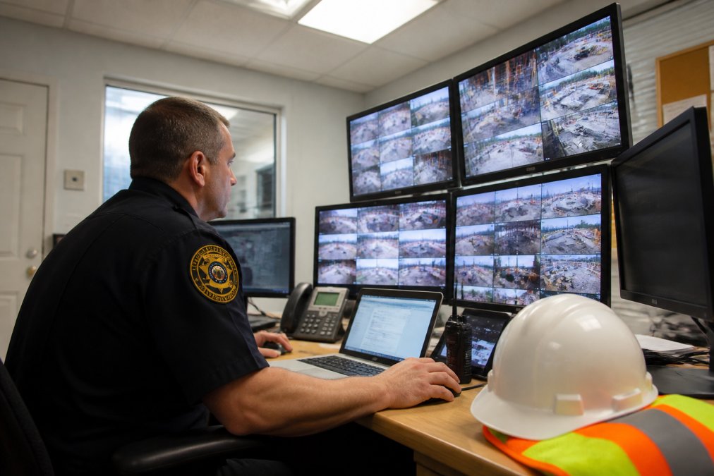 A security professional in a site office reviewing live surveillance footage across multiple monitors, with hard hat and safety vest visible on the desk, fluorescent lighting overhead