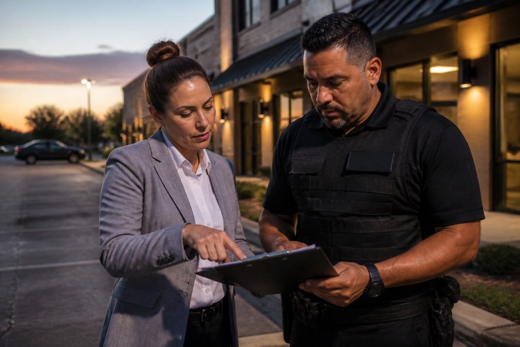 Property manager and security supervisor reviewing schedules before hiring security at a commercial building