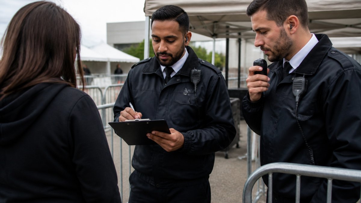 Professional security officers in uniform conducting access control at an event entrance, checking attendee credentials with clipboard and radio communication equipment