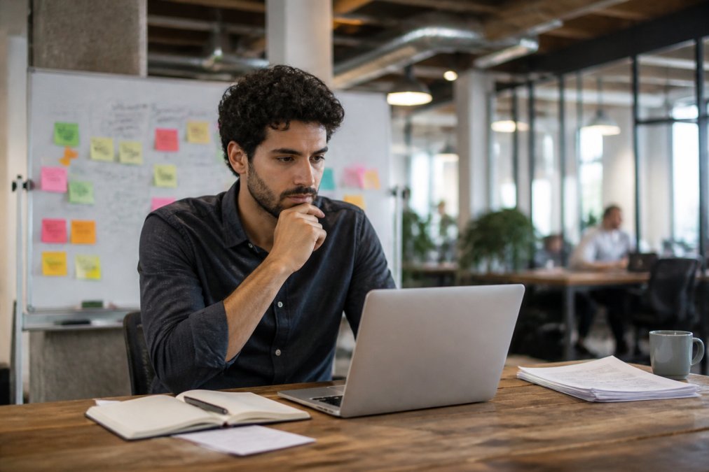 Startup founder reviewing profiles while hiring senior engineering talent for startups in a modern office