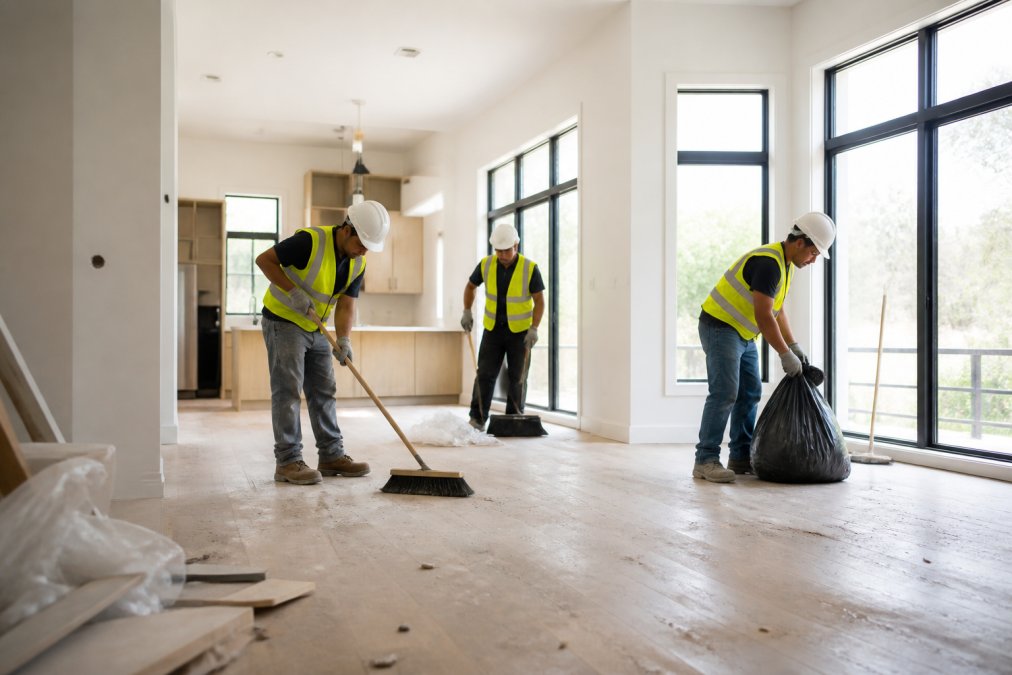 A professional cleaning crew in safety vests and hard hats removing construction debris and sweeping dust inside a newly built residential home, with large windows letting in natural light