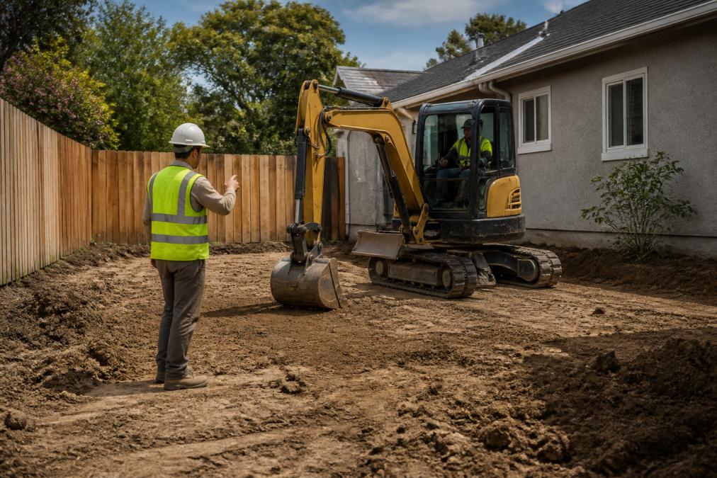 Professional illustration showing compact and excavator and leveling concepts for site prep