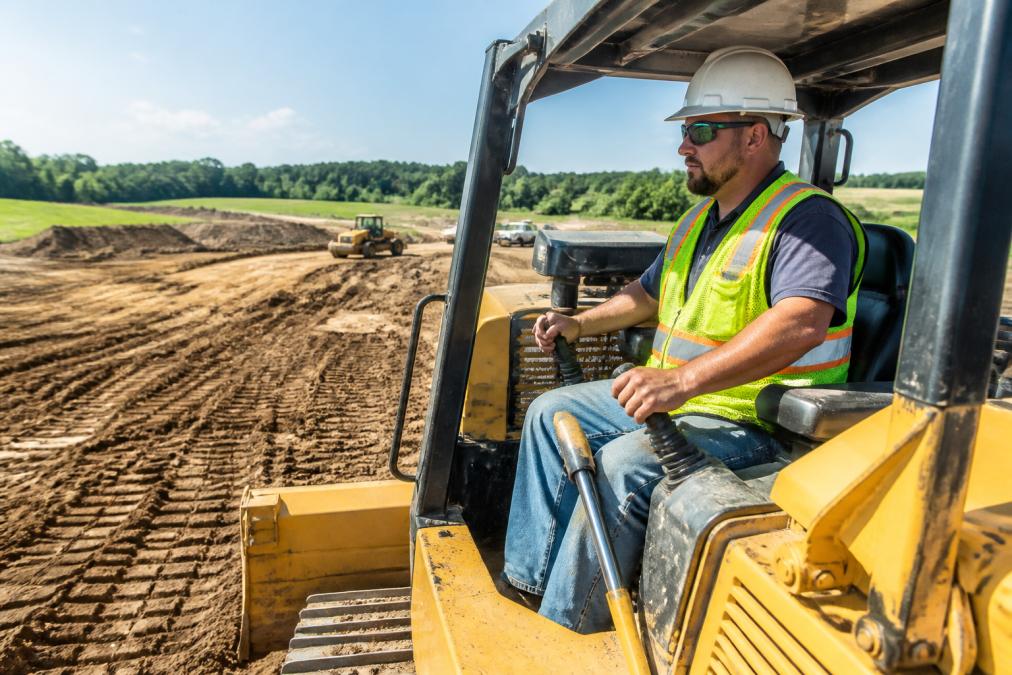 Professional site preparation contractor in safety vest and hard hat operating heavy grading equipment on cleared Kentucky land, with compacted soil and grading work visible in background
