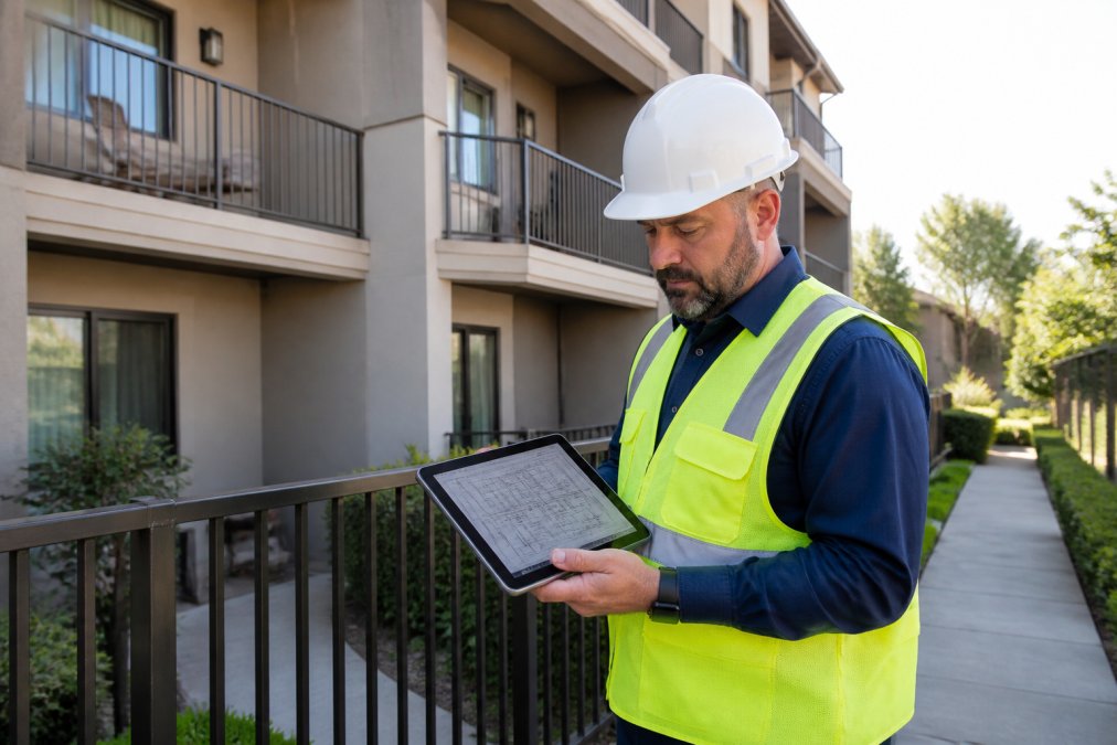 A licensed structural engineer in a hard hat and safety vest reviewing balcony construction drawings on a tablet while standing on a residential walkway, with a multi-unit building visible behind him
