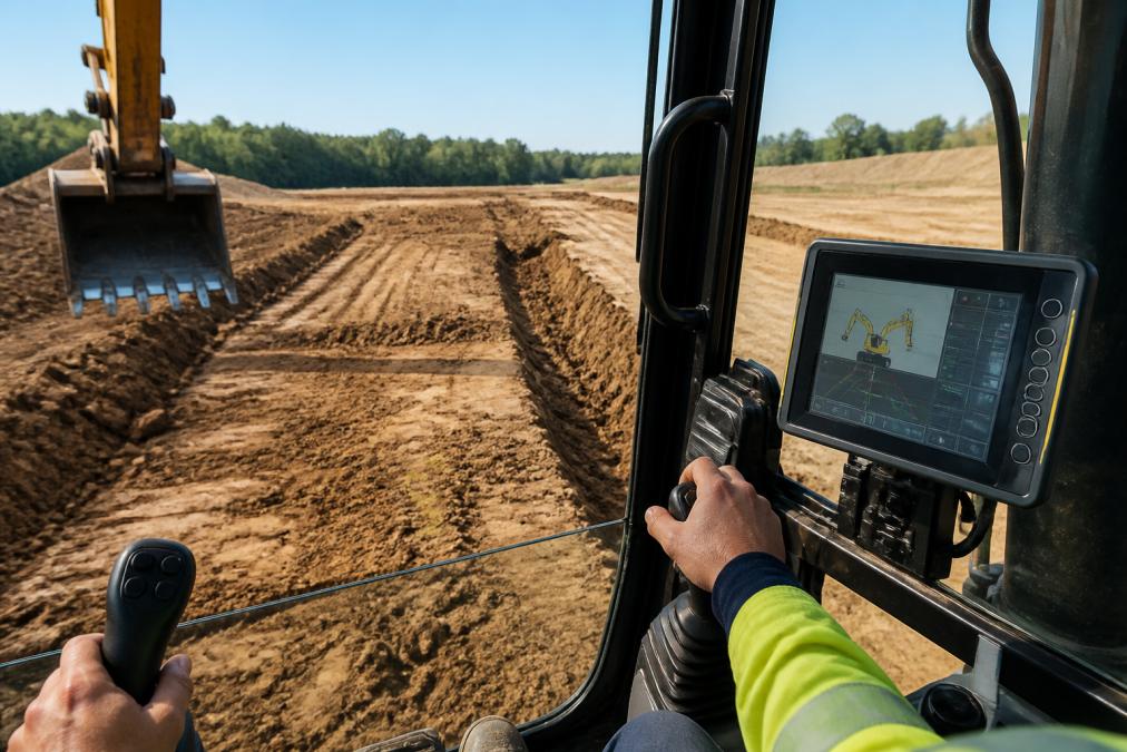 Excavator equipped with GPS guidance system and real-time monitoring display, showing modern technology integration in heavy equipment operation