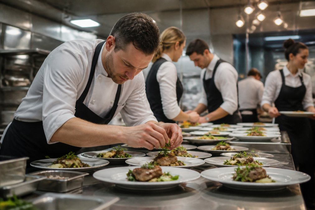 A professional chef in crisp whites carefully plating a dish in a busy event kitchen, with catering staff working in the background under bright overhead lights