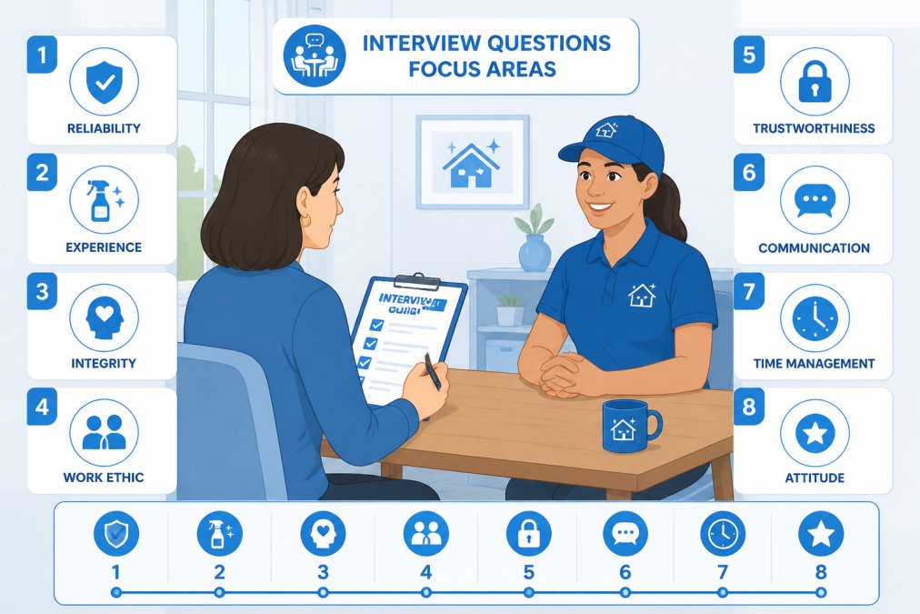 Professional homeowner conducting an in-person interview with a uniformed cleaning technician in a well-lit home setting, both seated across a table engaged in focused conversation