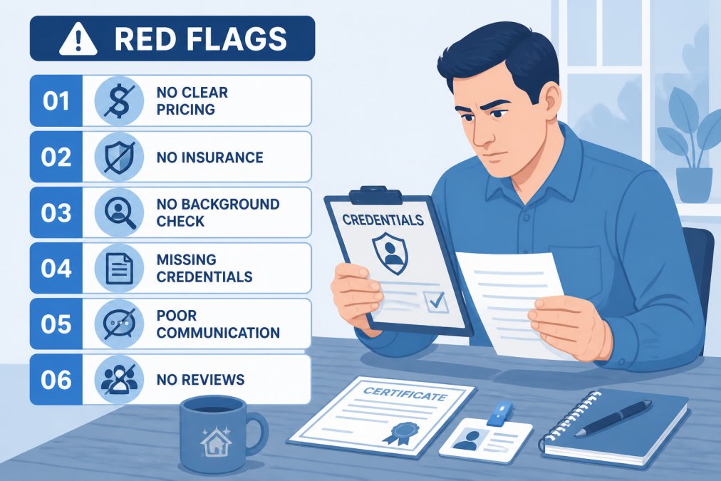 Close-up of a homeowner reviewing documents and credentials on a clipboard, examining paperwork with a focused expression at a wooden table