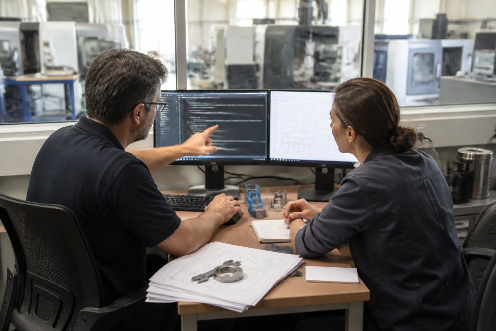 A senior software engineer and a manufacturing operations manager reviewing code and production dashboards on dual monitors in a factory office overlooking a CNC machine shop floor