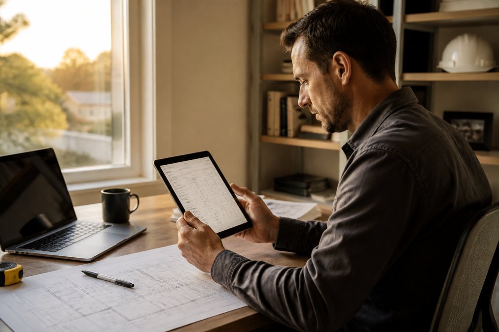 A construction business owner in a home office reviewing a tablet showing vendor comparison data, blueprints and a laptop on the desk, warm afternoon light through a window