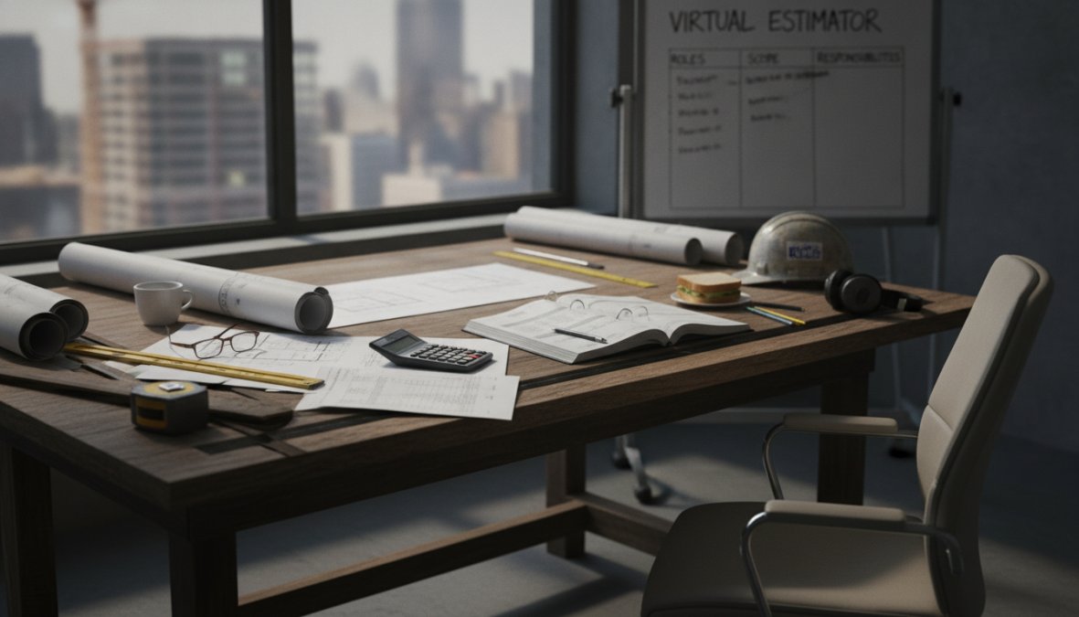 A focused professional working remotely at a desk with construction blueprints spread open beside a laptop displaying estimating software, a notepad with handwritten cost figures nearby, warm desk lamp lighting in a home office setting
