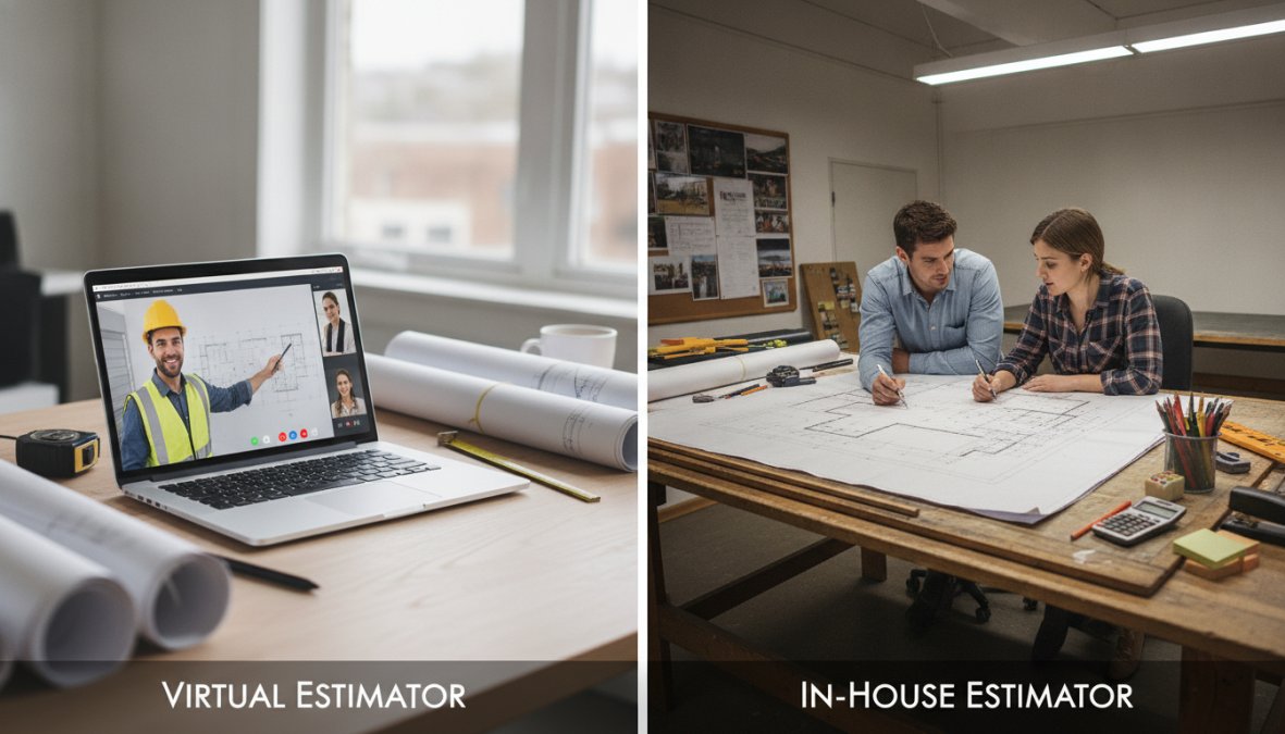 A general contractor in a hard hat and work shirt collaborating via video call on a laptop with a remote team member, construction plans spread across a wooden desk in a bright site trailer, natural light coming through a window