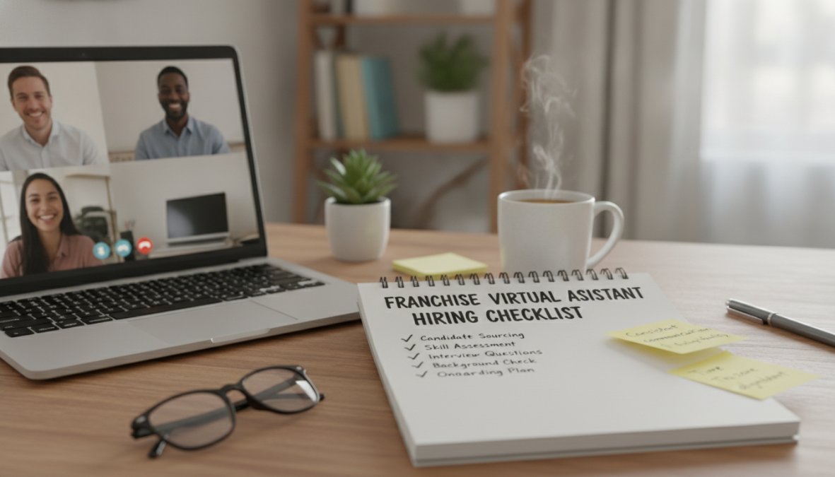 Franchise manager in a bright home office reviewing a printed checklist on a wooden desk while participating in a video call with a remote virtual assistant visible on a laptop screen, natural daylight coming through a window