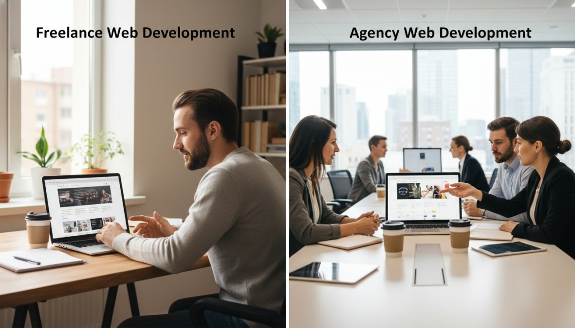 A small business owner sitting across from a web developer at a modern desk, reviewing a laptop screen showing a website portfolio together in a bright, plant-filled office with natural window light