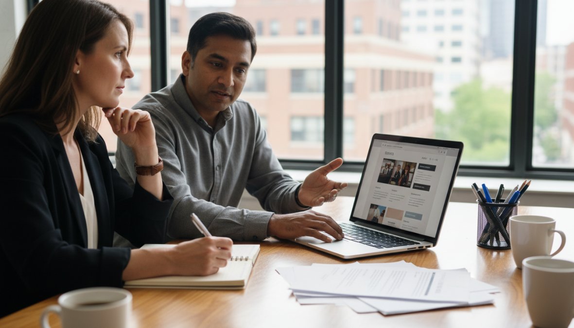 A professional interview scene with two people seated at a clean wooden table, one taking notes on a notepad while the other gestures toward an open laptop displaying a website design mockup, warm office lighting