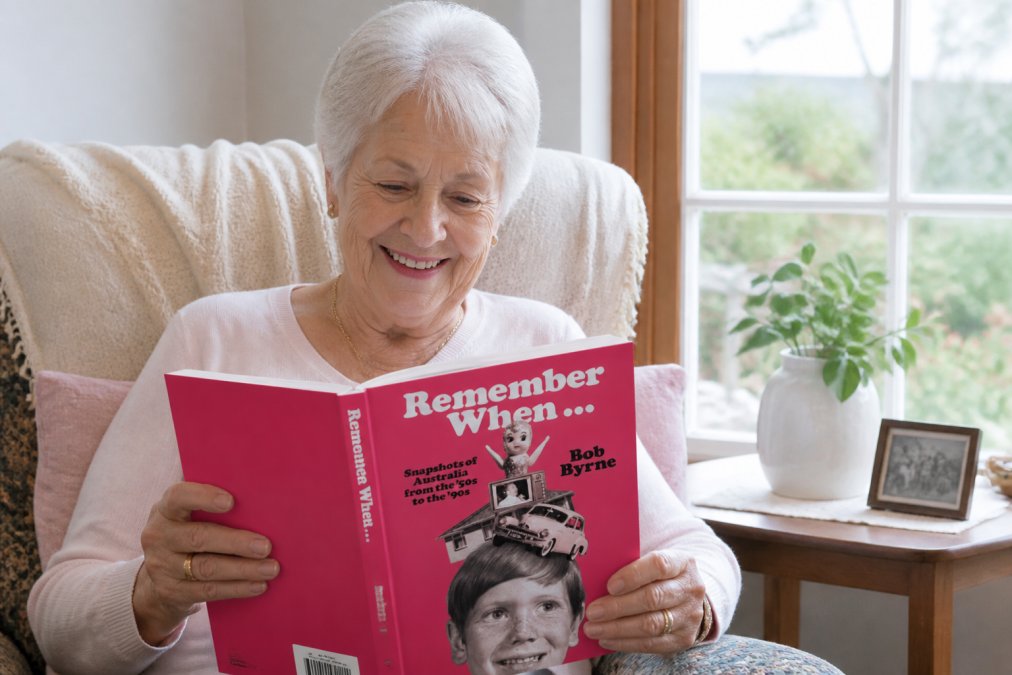 Older adult holding an open nostalgia book featuring vintage Australian photographs, smiling warmly while seated in a comfortable armchair with soft natural light streaming through nearby windows