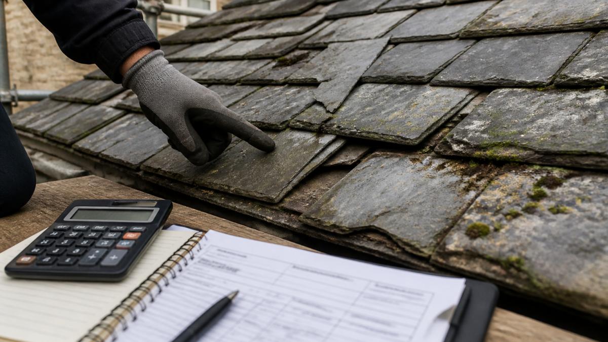 Close-up of a professional's gloved hand pointing to cracked and weathered historic slate roof tiles with visible damage and moss growth