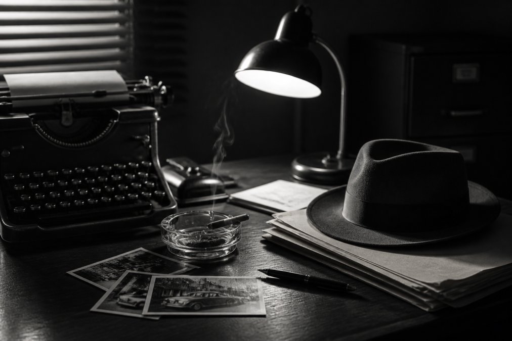 A moody black-and-white photograph of a 1940s detective's desk with a vintage typewriter, a smoking cigarette in a glass ashtray, a brown fedora resting on a manila case file, and a single desk lamp casting hard shadows across scattered photographs