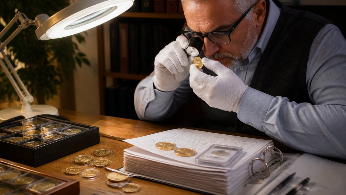 Professional numismatist examining historical gold coin under magnification lamp, studying mint marks and design details with certification documents and authentication tools visible on desk