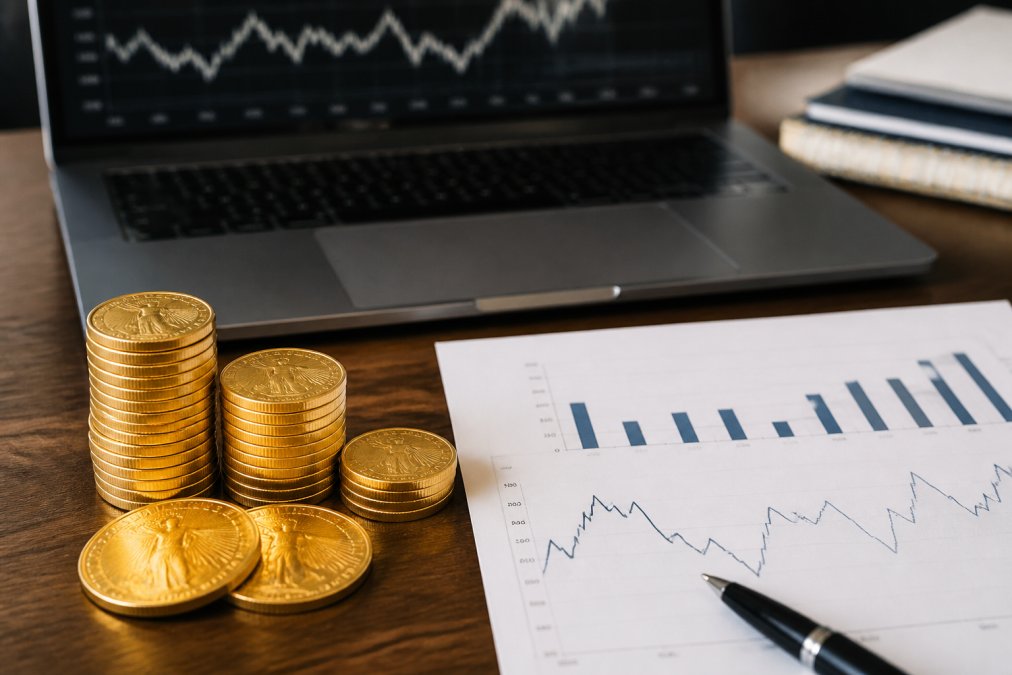 Close-up of a wooden table showing physical gold coins stacked next to a printed stock market performance report, with a laptop displaying a financial chart in the background