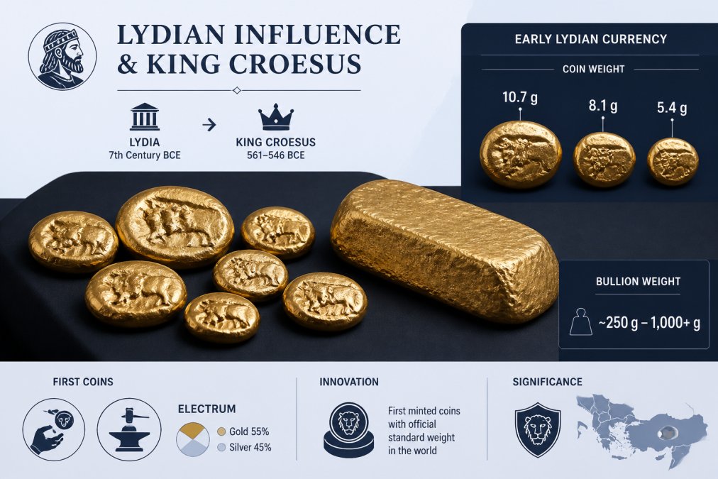 Ancient gold coins and bullion displayed on a dark surface, showing the intricate craftsmanship and substantial weight of early minted Lydian currency under warm museum lighting