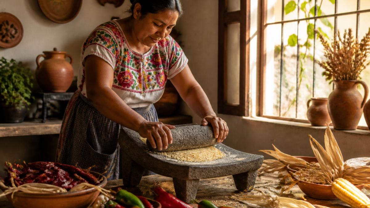 Hands grinding maize on a traditional stone metate in a rustic kitchen, with fresh chili peppers and corn husks scattered on a wooden surface, warm natural light filtering through a window