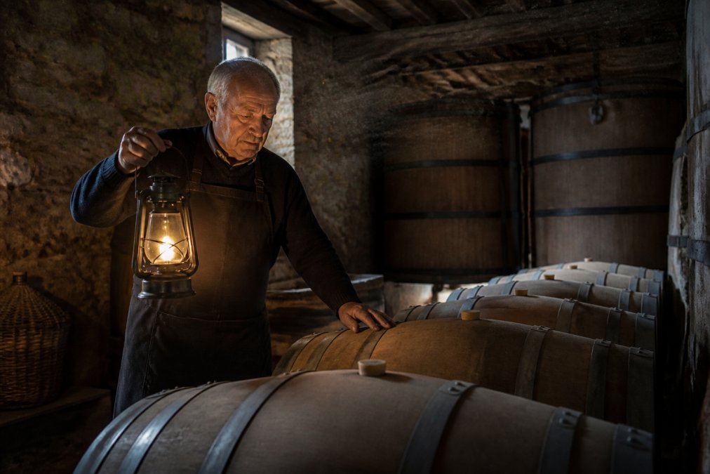 Elderly winemaker inspecting oak barrels in a small batch Italian cellar by lantern light.