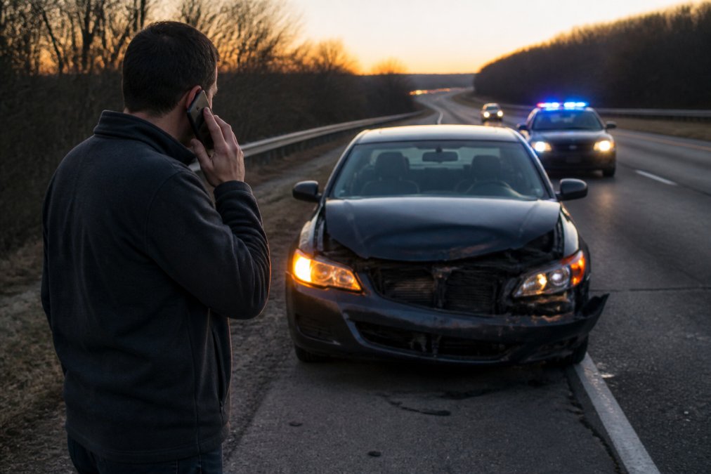 A person standing on the shoulder of a Tennessee highway at dusk, looking at a damaged car with hazard lights flashing, holding a phone to their ear while a police cruiser approaches in the background