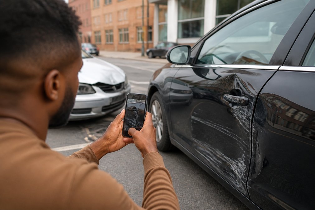 Driver using a smartphone to photograph car damage after a collision with an uninsured driver on a city street