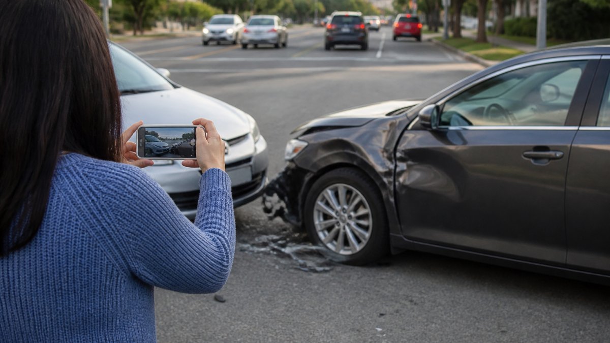 Person at accident scene photographing vehicle damage with smartphone, street and traffic visible in background, daylight with clear visibility